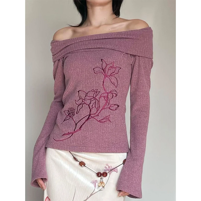 سترة نسائية كلاسيكية مكشوفة الأكتاف بلوفرات هاراجوكو محبوكة بالزهور أنيقة مضيئة بأكمام طويلة ملابس تريكو شتوية كورية
