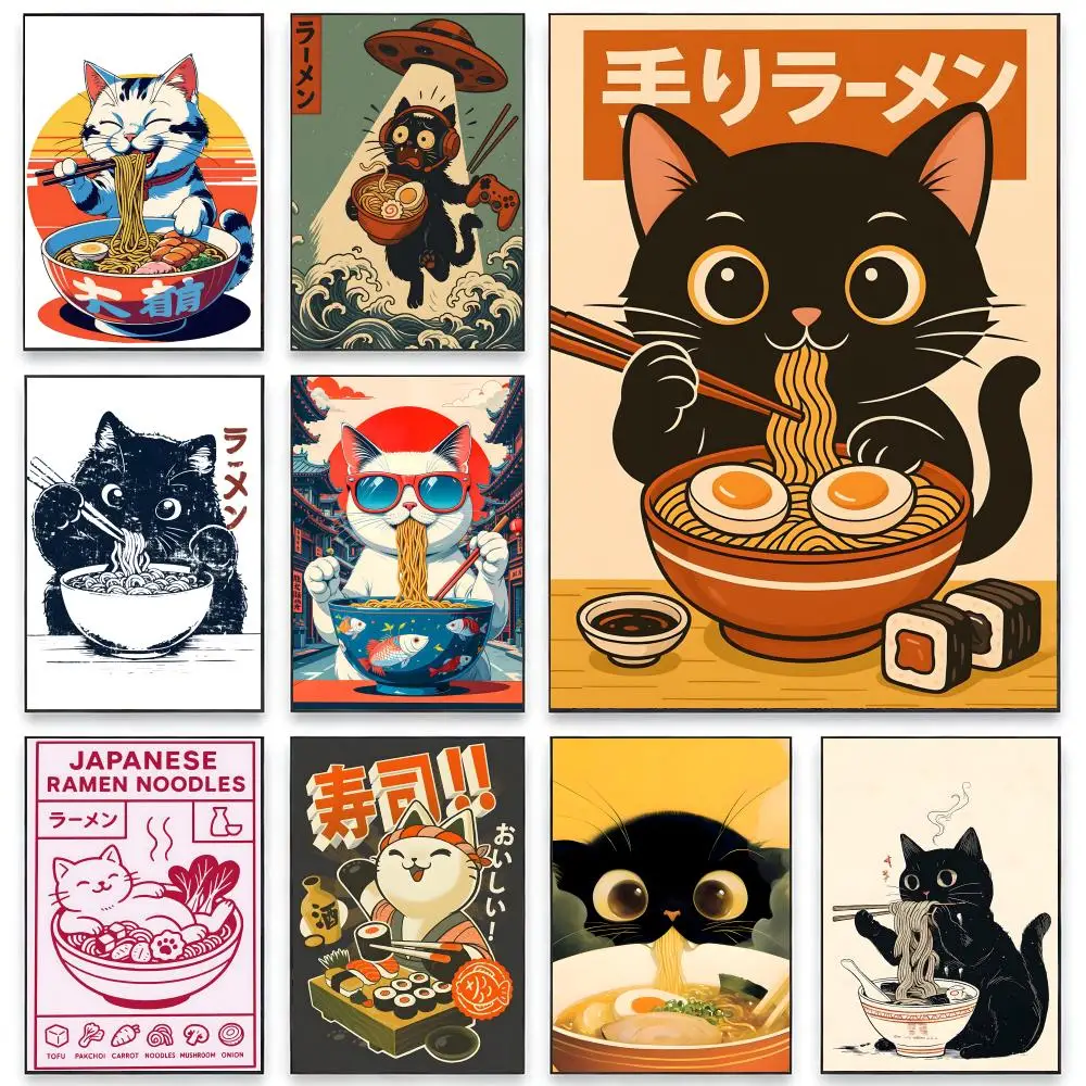 1P-Japan Wave Food Cat Poster HD print, waterproof self-adhesive PP poster paper, multi-use wall decor for rooms.