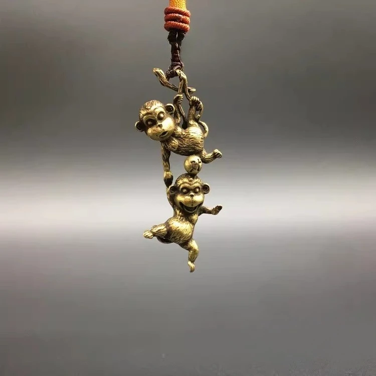 Chinese Brass Two Monkeys Statue Copper Bronze Small Pendant - view 4