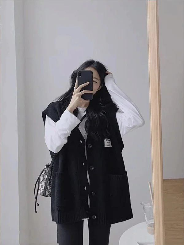 plus Size Knitted Open Cardigan Sweater Vest Women's Autumn Winter Stylish Outerwear V-Neck Mid-Length Single Button Design