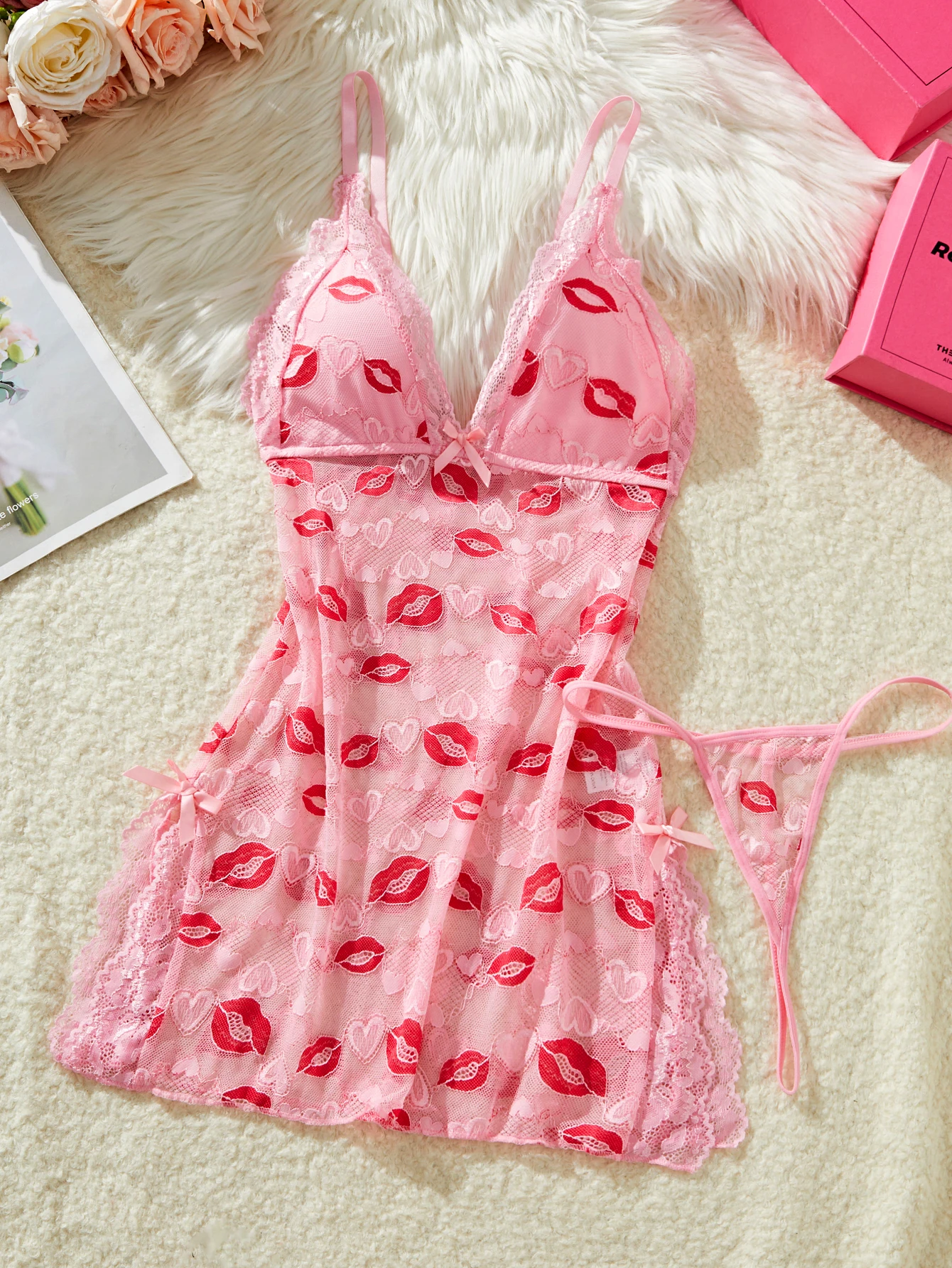 Ultra Sexy Short Pink Lips Crotchless Erotic Dress Female Transparent Babydolls Porn Exotic Night Sex Doll Lingerie With Thongs image 6