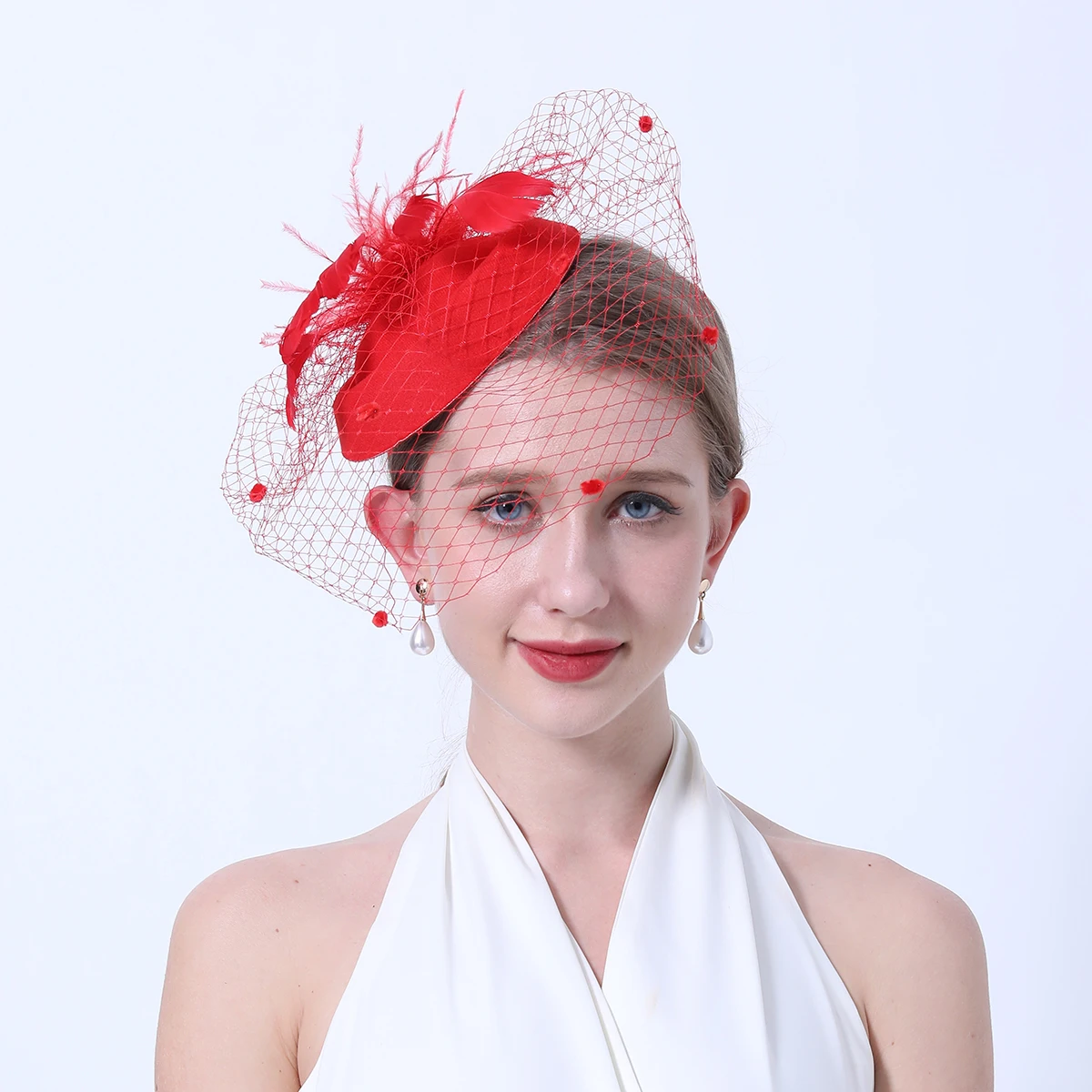 Women Flower Mesh Ribbons Feathers Fascinator Brides Hair Accessories Headband or a Clip Cocktail Tea Party Headwewar for Girls