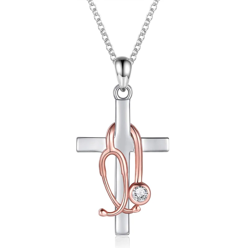 Stainless Steel Stethoscope Cross Necklace for Women Medicine Pendant Jewelry Nurse Doctor Graduation Gift for Medical Student