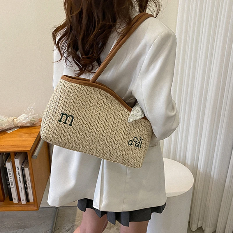 Large Capacity Underarm Woven Versatile Straw Woven Tote Casual Shoulder Bag