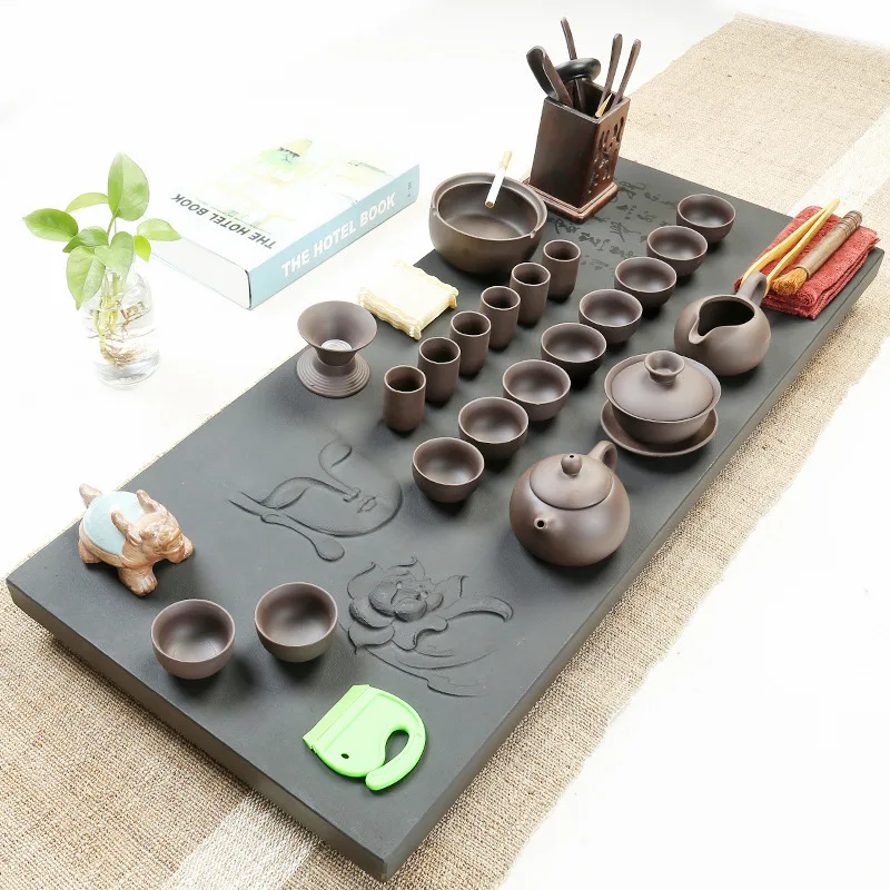 Pure Black Whole Piece of Wujinshi Tea Plate Purple Sand Kungfu Tea Set