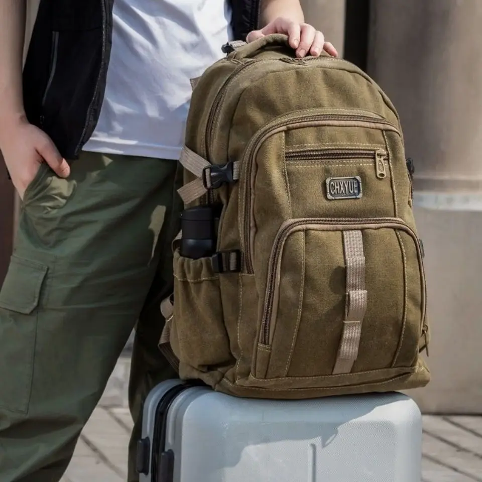 Retro Men's Canvas Backpack Large Capacity Outdoor Travel Climbing Bag Double Shoulder Bag Trendy 60L Ultra Large Capacity