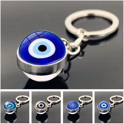 Blue Türkiye Eye of Evil Key Chain Pendant Double Crystal Glass Ball Pendant Metal Key Chain Pendant