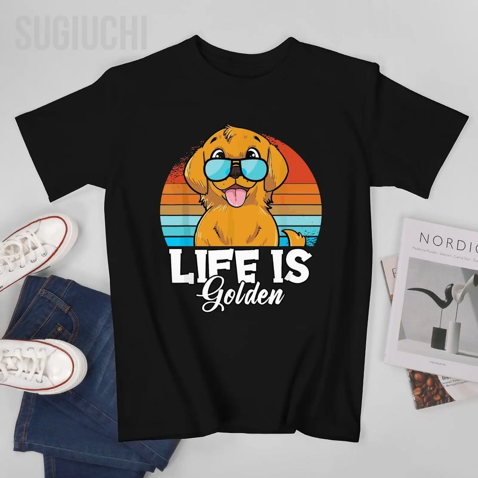 Unisex Men Funny Life Is Golden Dog Lover Golden Retriever Dogs Tshirt Tees T Shirts Women Boys 100% Cotton T-Shirt
