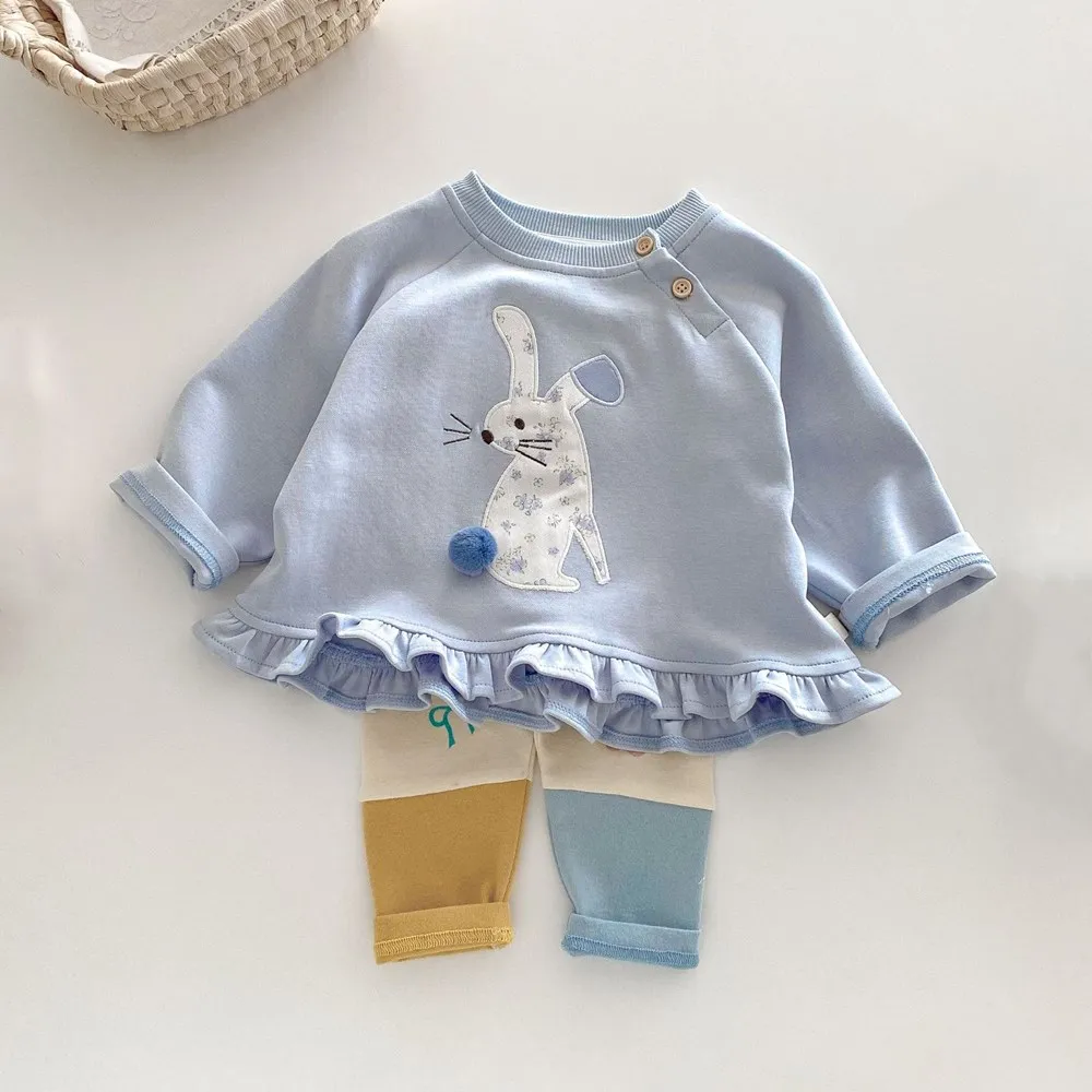 0-5T baby sweatershirt kids tops spring blue color Cartoon embroidered bunny pattern cute hoodie girls clothes