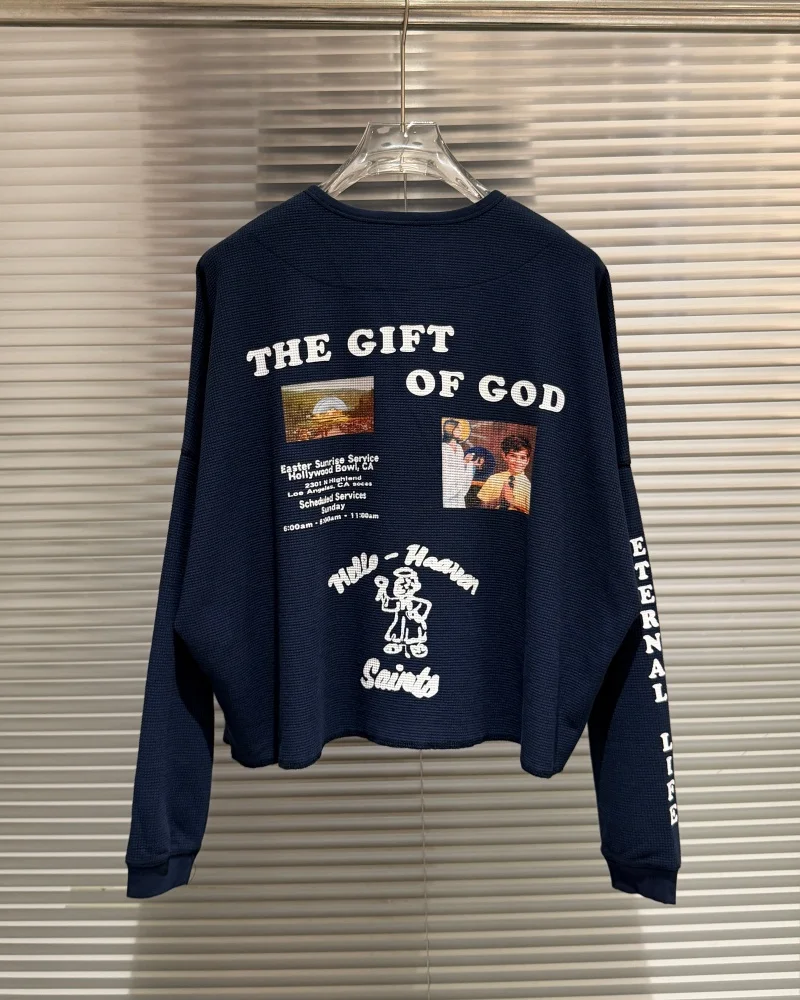 Paly Dark Blue  American Vintage Lettering Slogan Loose-Fit Casual Waffle-Weave Men's and Women's Long-Sleeve T-Shirt
