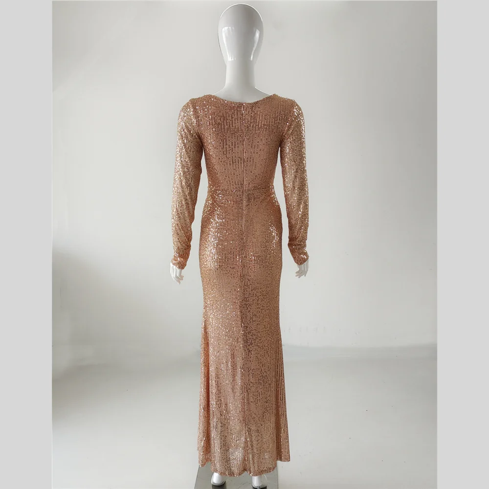 It's Yiiya-Robe de soirée à paillettes dorées pour femmes, robe sirène, col en V, manches longues, grande taille, robe de soirée formelle, photo réelle, 123