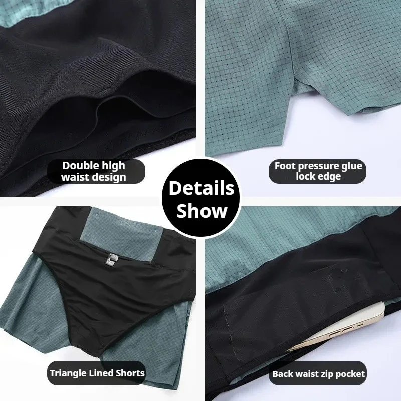 2 in 1 Marathon Trail Running Compression 3'' Shorts Quick Dry Long Distance Training Tights Sports Men Summer With Waist bag