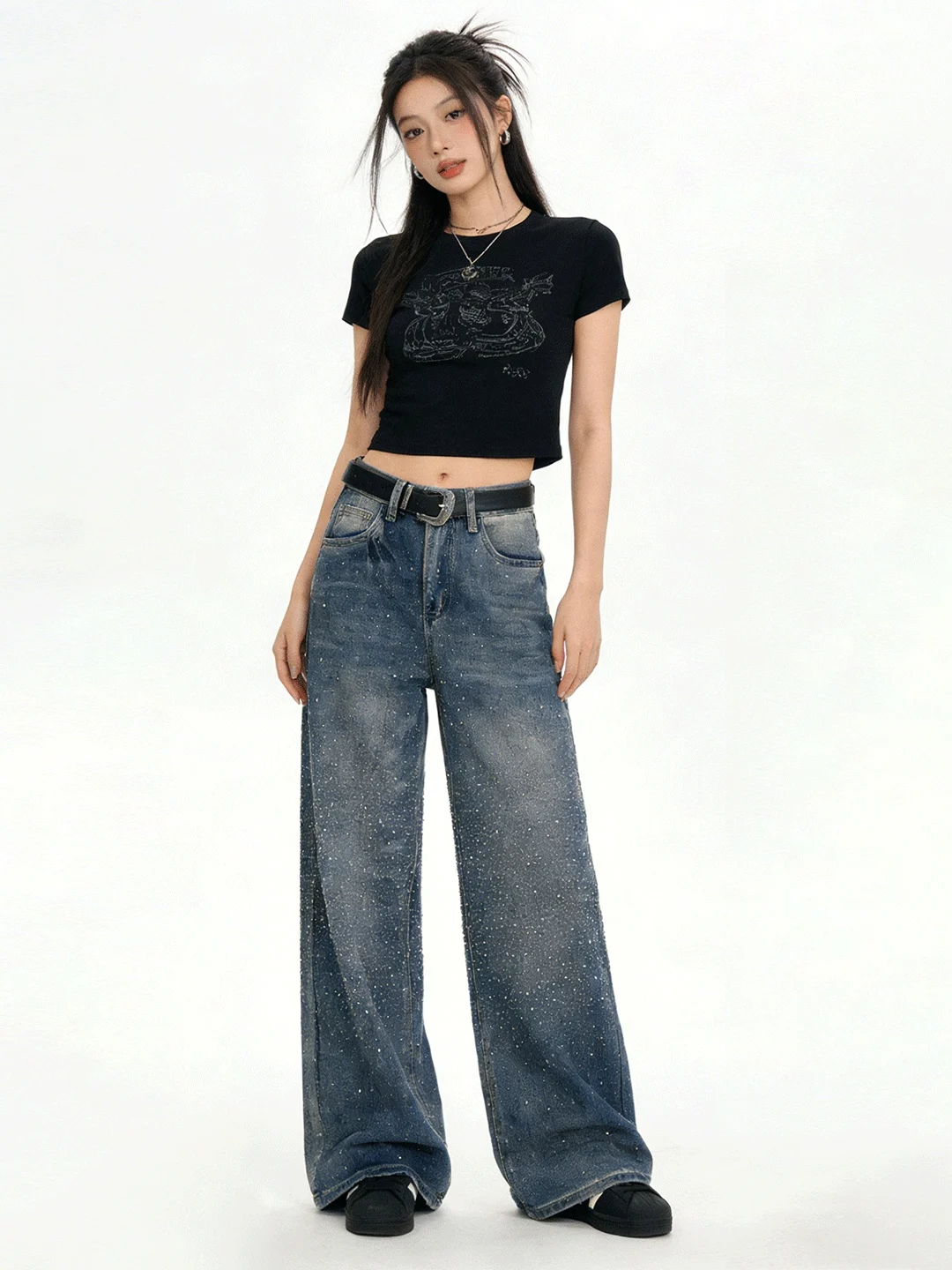 

High Waist Draped Sequin Design Jeans Ele Wide Leg Pants Korean Sle Versatile Slimming Effect Daily Wear Spring 2026