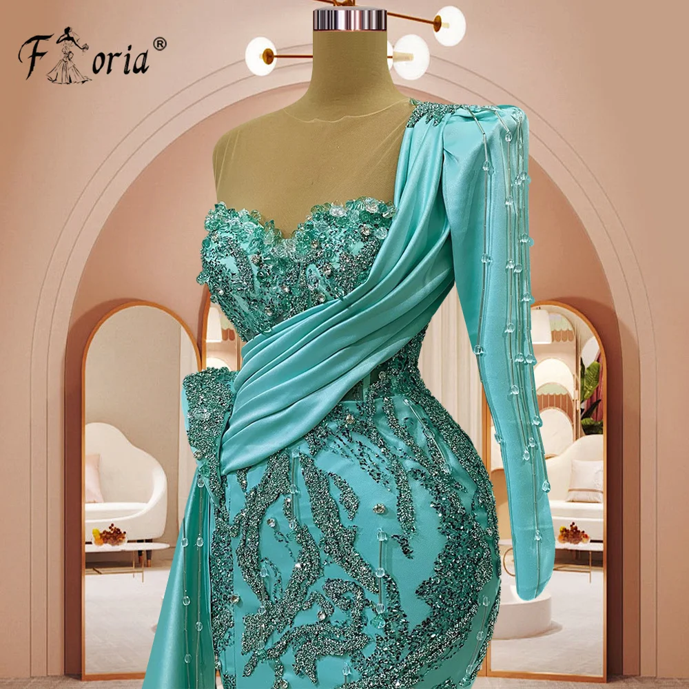 Aso Ebi-vestido de noite sereia verde com um ombro para mulheres, cristal frisado, vestidos formais longos de Dubai, diamantes strass