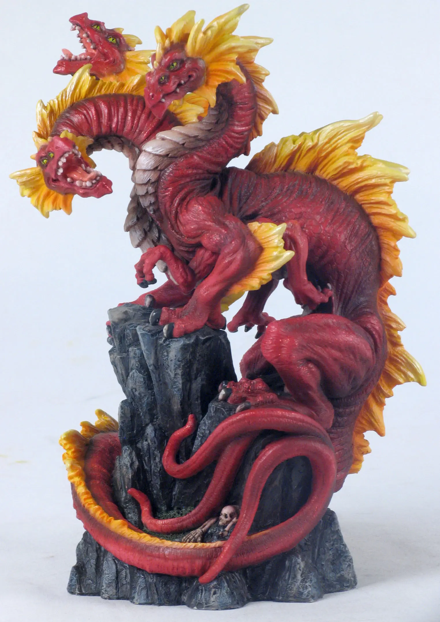Three Headed Red Hydra Dragon Resin Figurine Fantasy Multi Headed Serpent Dragon Statue Cliff Rock Base Mythical Creature Gift