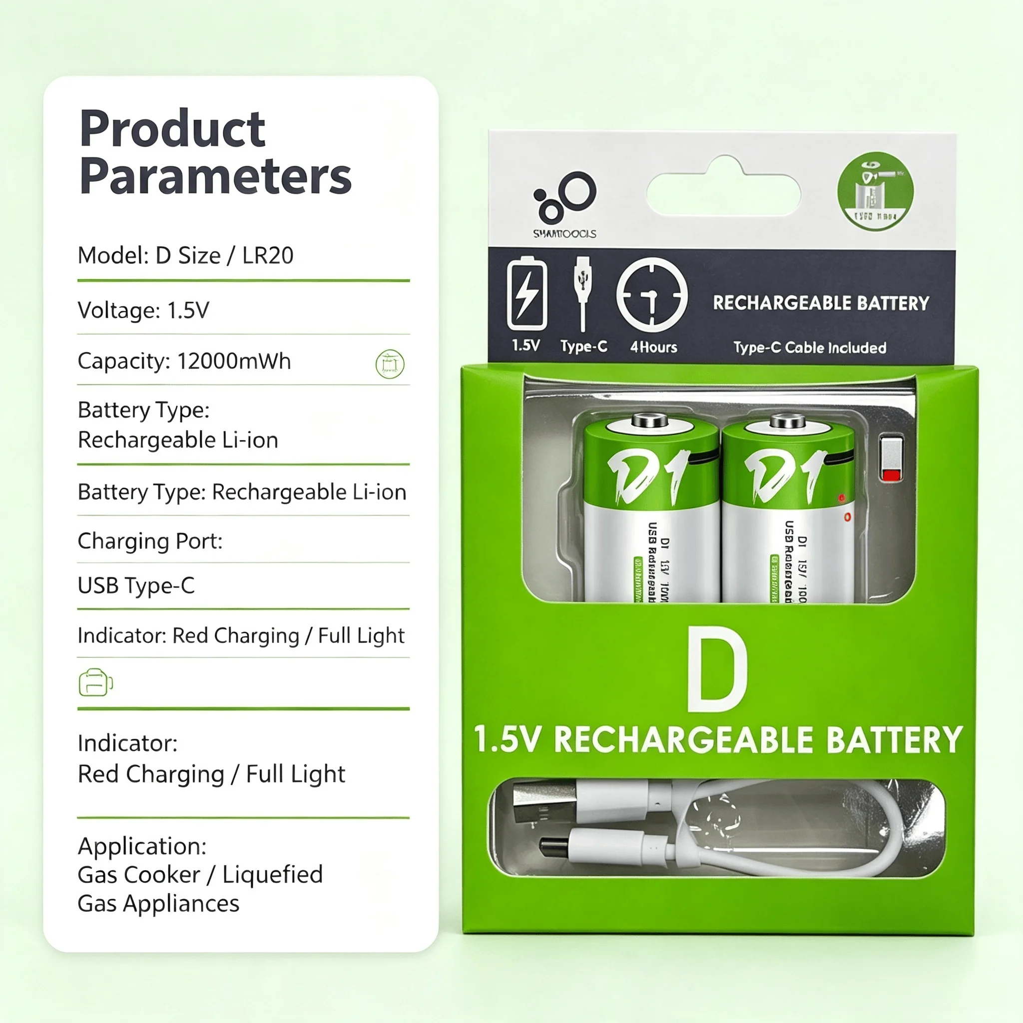 New 1# D Size LR20 1.5V Rechargeable Li-ion Batteries 12000mWh With Type-C Charging Cable For Gas Cooker Liquefied Gas Appliance