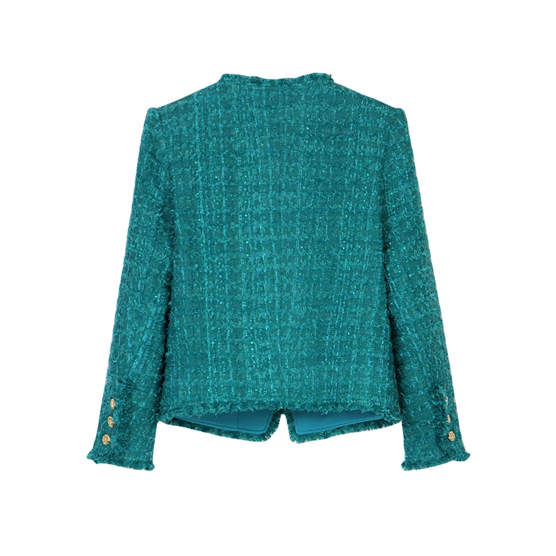 Green Retro Tassel Wool Small Fragrant Style Coarse Woolen Coat Peacock Blue Spring New V-Neck Top
