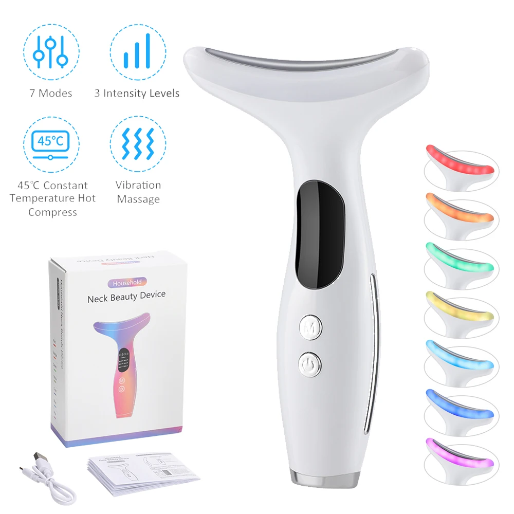 7 Colors LED Light Therapy Face Neck Massager EMS Neck Face Beauty Device 3 Gears Vibration Skin Tightening Lifting Massager