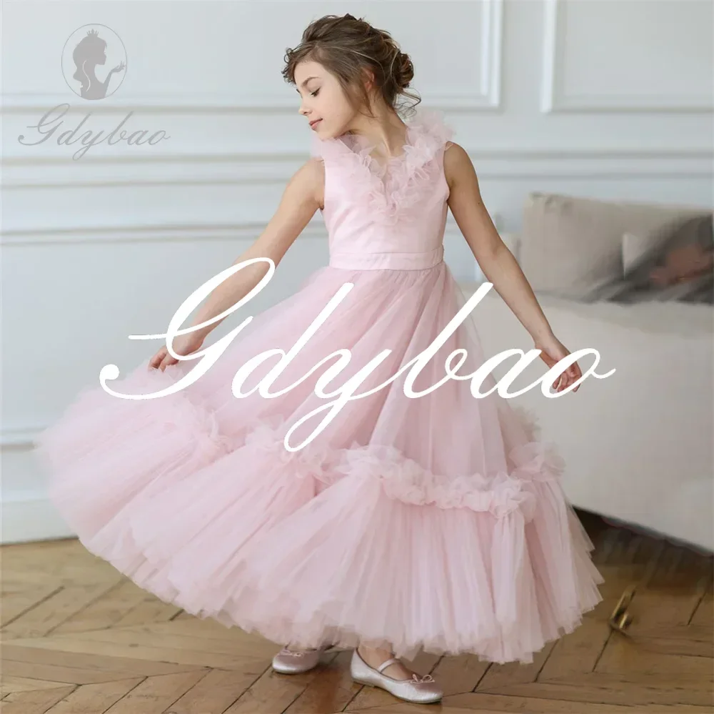 Simple Pleat V Neck Sleeveless Formal Flower Girl Dress For Wedding Party Ankle Length Elegant Classic Communion Girl Gown