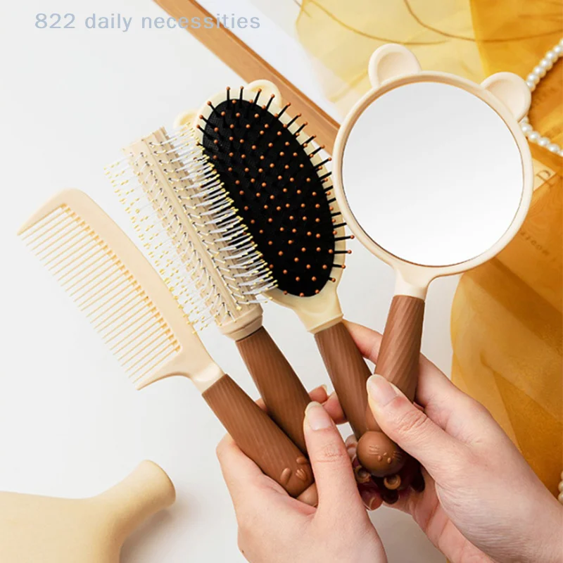 convenientMakeup Mirror Hairbrush Set Head Massage Knotless Cute Beer Four-Piece Handheld Mirror Comb Set Home Supply