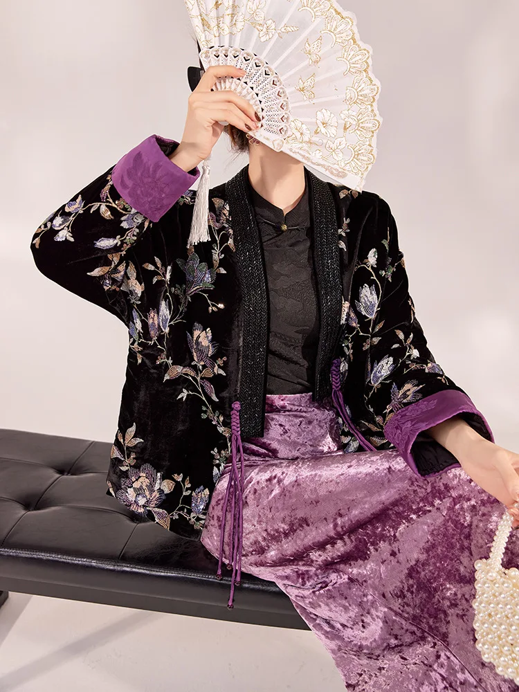 New Chinese Kimono Cardigan Yukata Haori Embroidery Flower Sequins Outwear Vintage Classic Female Hanfu Jacket Luxury Streetwear