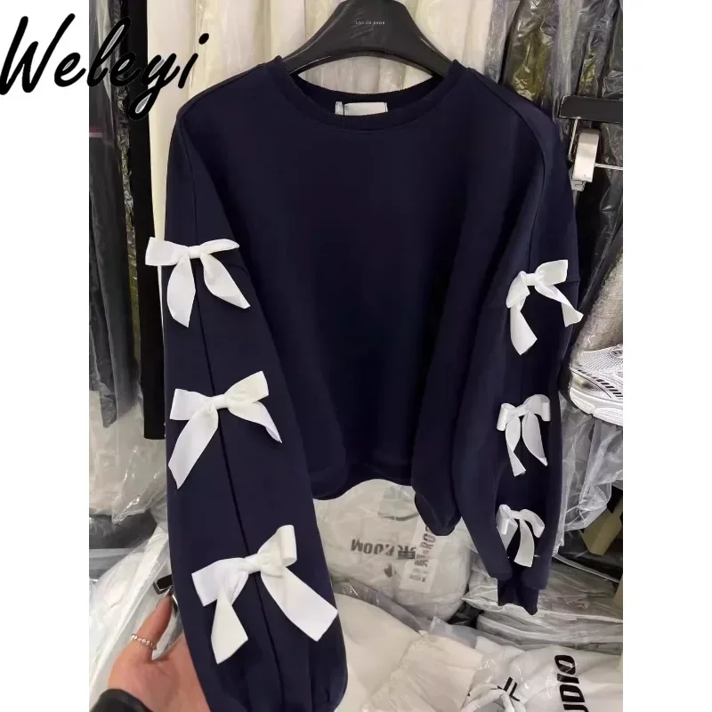 Women\'s Kawaii Clothes Cutecore Sweatshirt 2024 Spring New Korean Fashion Loose Versatile Tops Bow Crew Neck Long Sleeve Hoodies