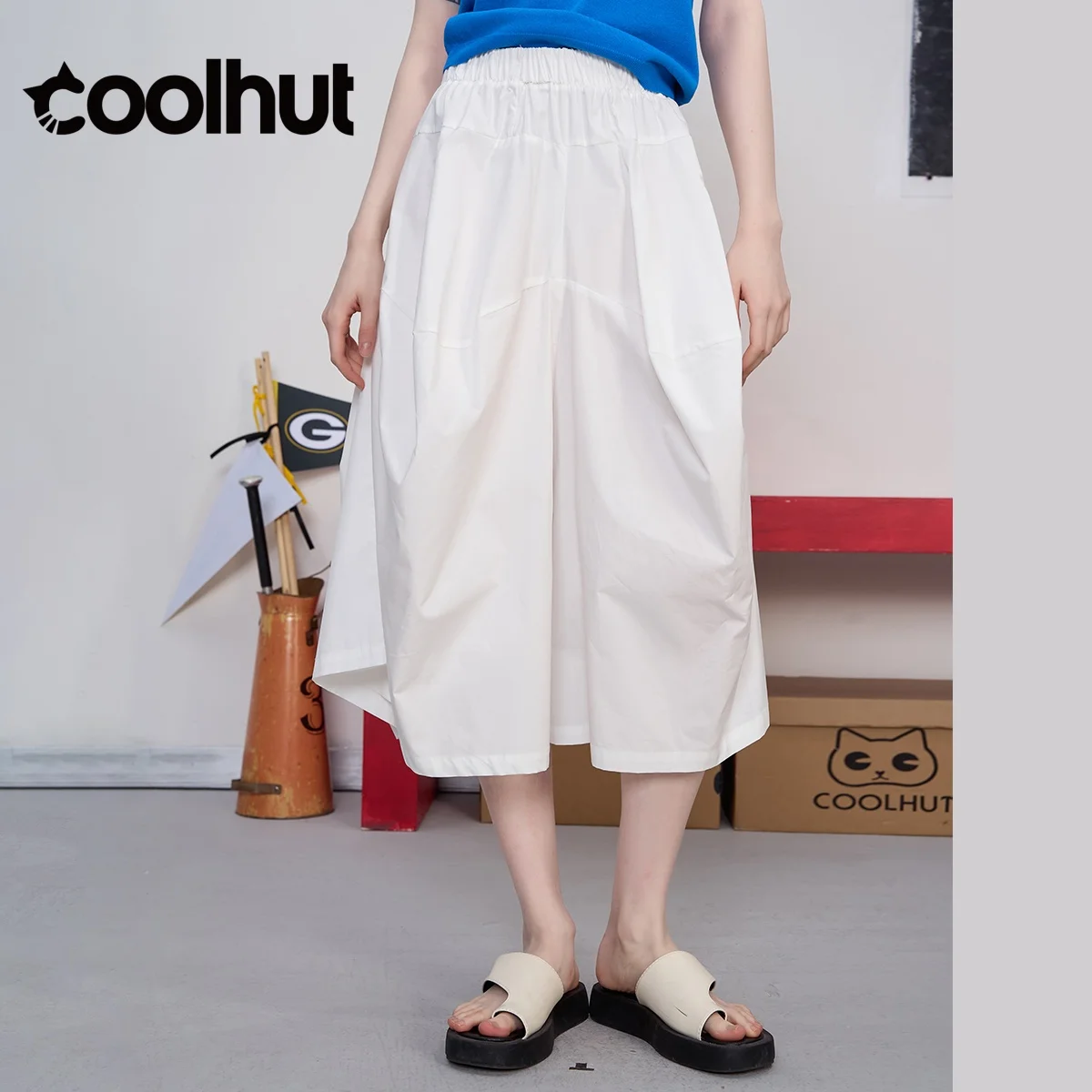COOLHUT Women's 2025 French Style Solid Color Cocoon Hem Flared Midi Skirt Wide Leg Elastic Waist Summer Casual Cropped Pants
