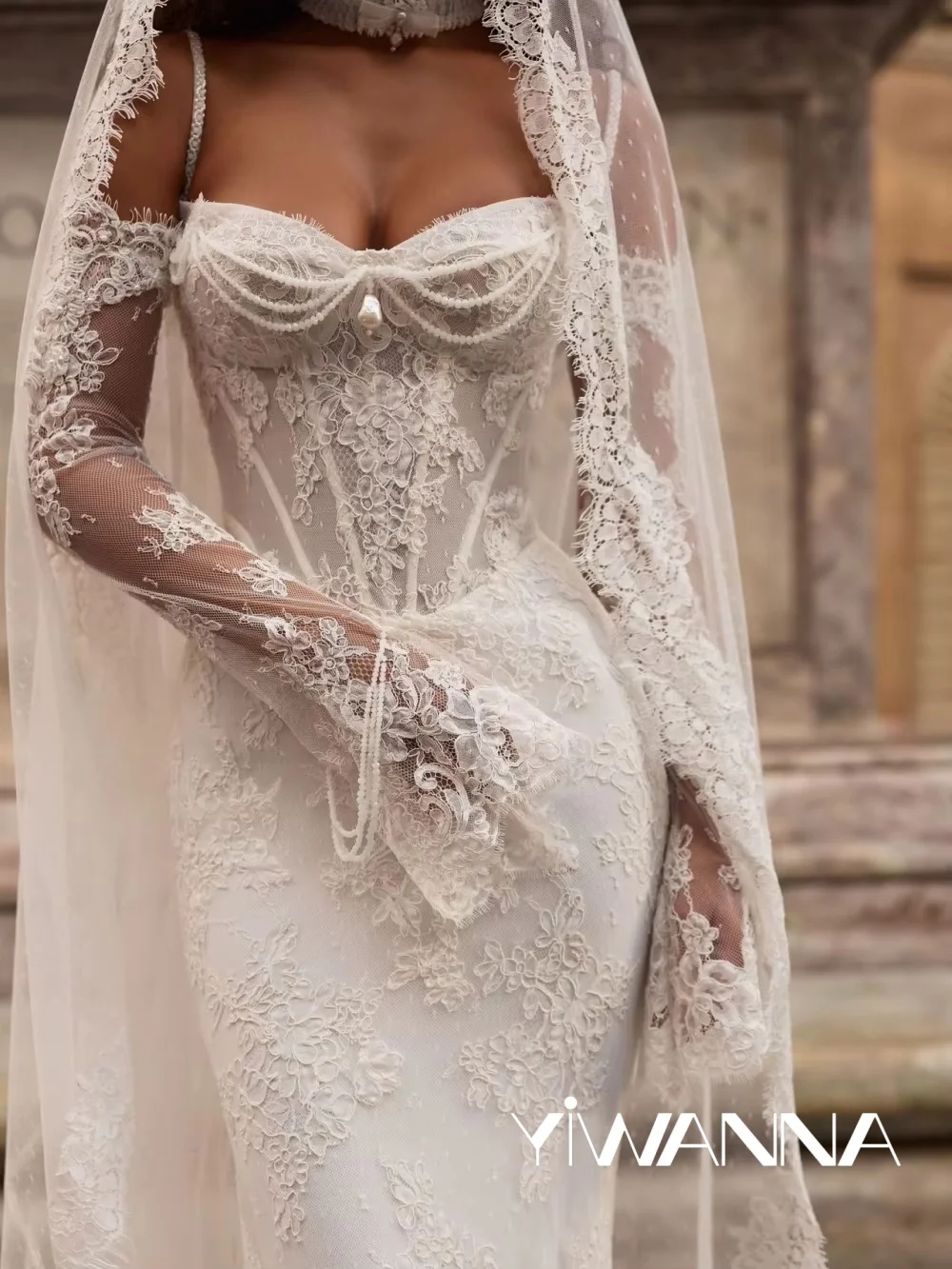 New Detachable Sleeve Lace Wedding Dress Dreamy Pearls Mermaid Long Bridal Gown Customized Ivory Elegant Dresses For Bride