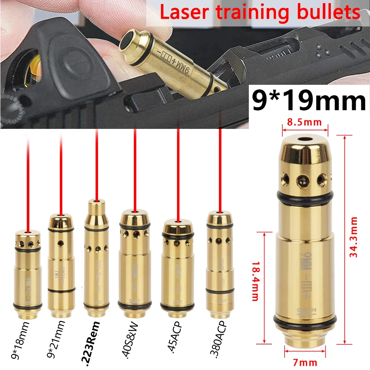 9mm/.380ACP/.40S&W/.223Rem Laser Training Bullet Dry Fire Laser Trainer Cartridge Tactical Red Dot Laser Training Bore Sight