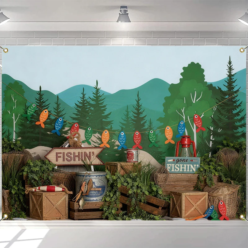 

LS Photography Background Forest Camping Fish Birthday Party Decorations Cake Smash Kids Portrait Photo Backdrop Banner