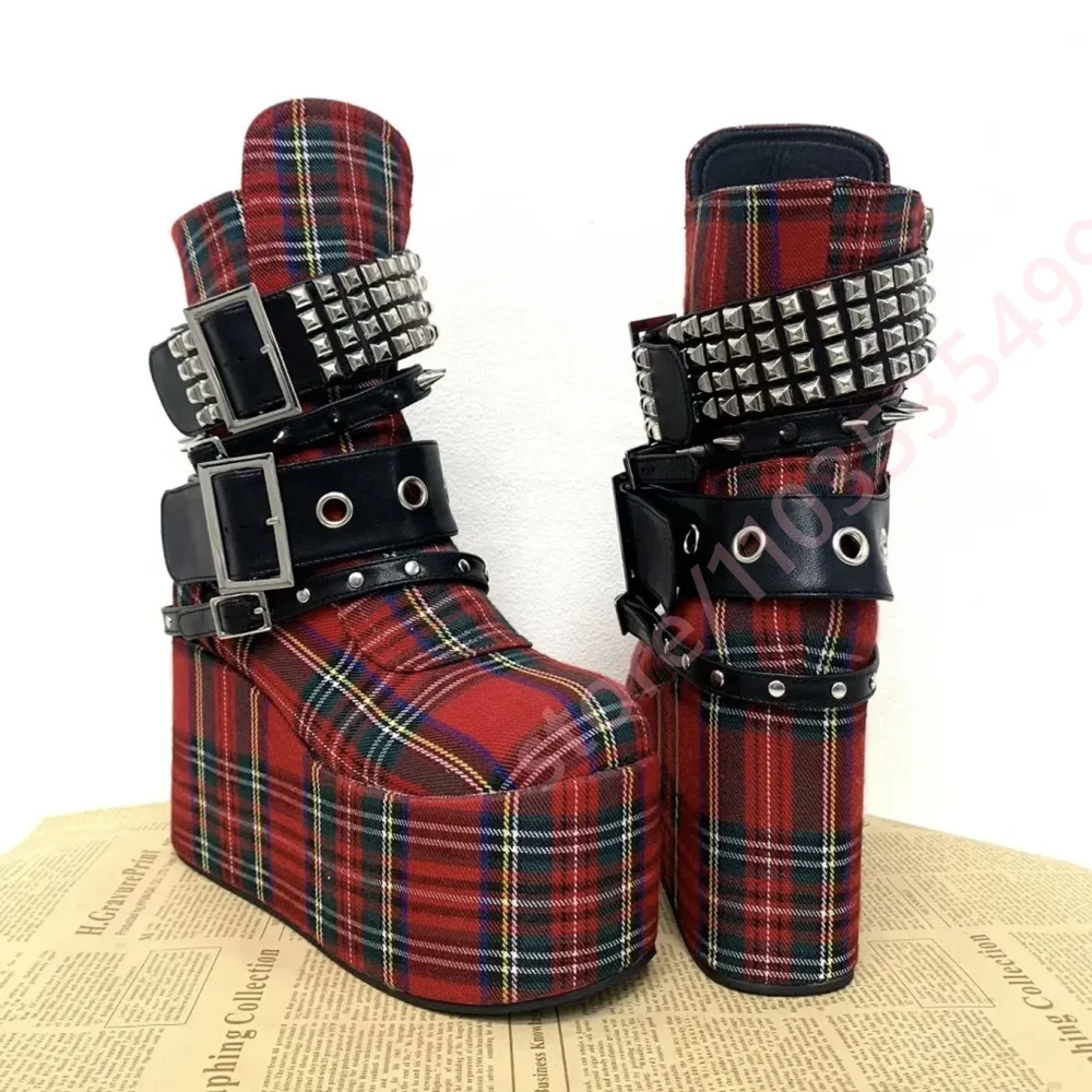 Women Red Plaid Wedge Platform Ankle Boots Multi‑Buckle Stud Spike Decor Side Zipper Punk Gothic Rock Cosplay Party Fashion Boot view 4