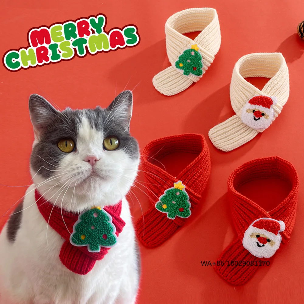 犬と猫のためのクリスマスペットスカーフ、ニットウール製の冬用暖かいアクセサリー