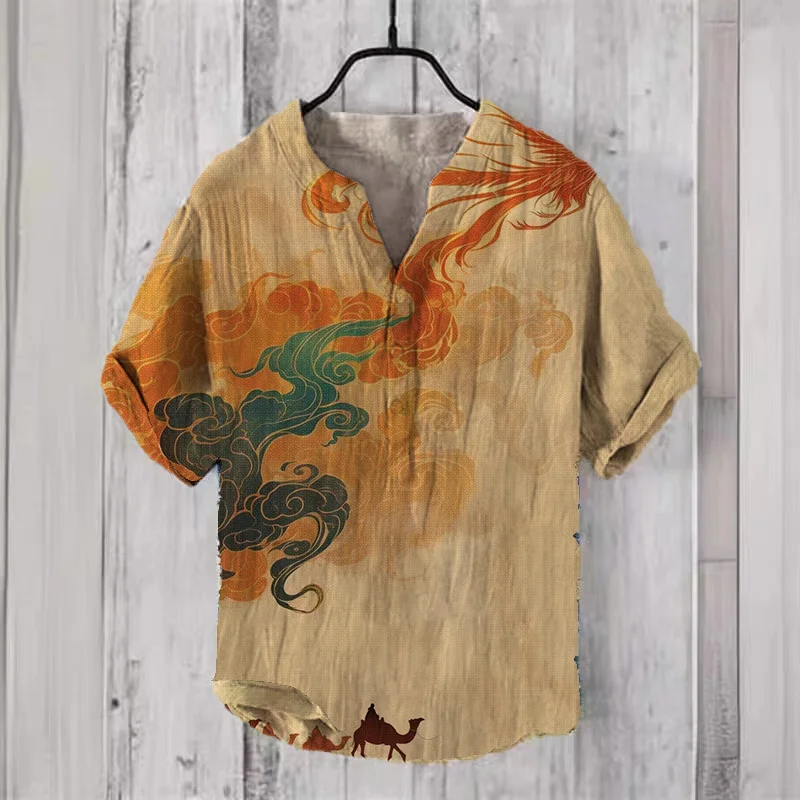 Chinese style Phoenix Soaring 3 buttons V-neck men's shirt linen breathable short sleeved 3D printed exquisite pattern men's clo