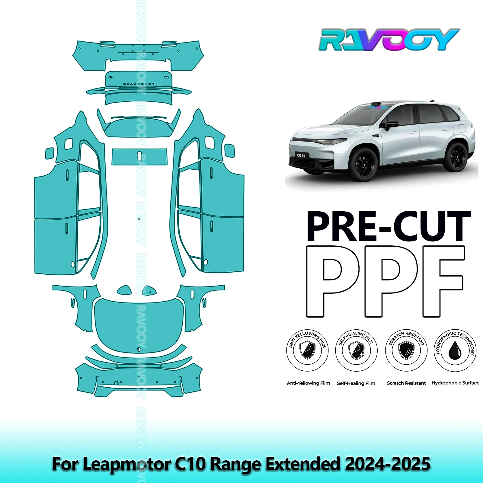 RAVOOY 8.5Mil Custom-Fit Precut TPU PPF Full Vehicle Clear Bra Stone Guard EU UK For Leapmotor C10 Range Extended 2024-2026