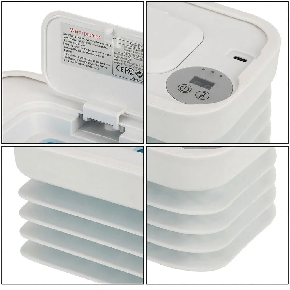 Baby Wipe Warmer Portable USB Powered with 3-Level for temp Control Night Light LCD Screen and Compact Fold Design