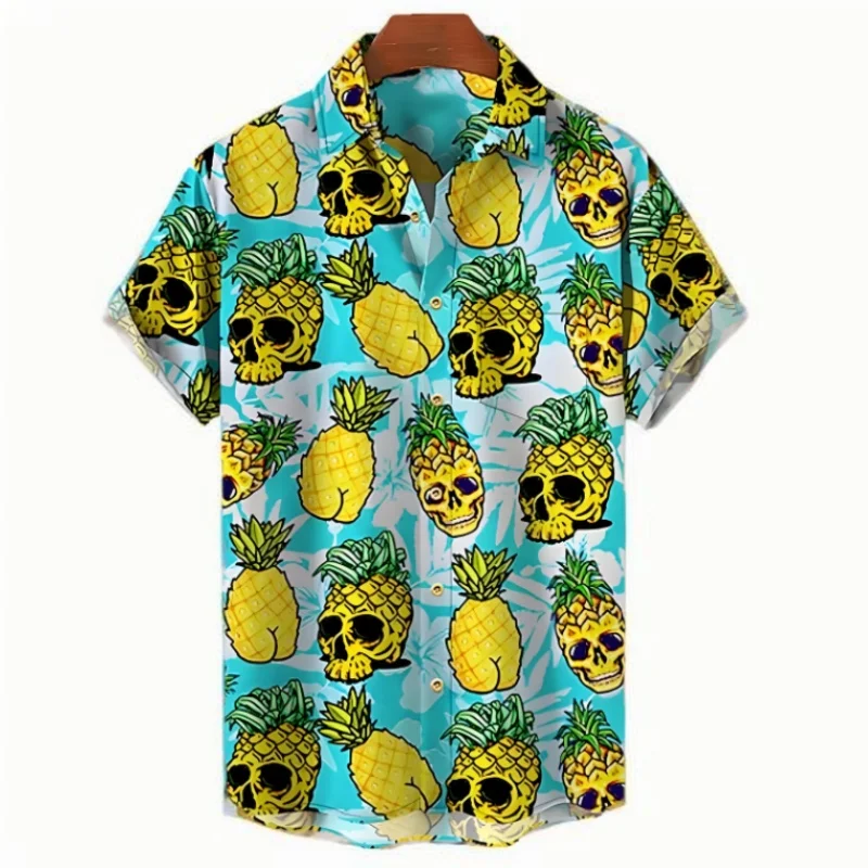 Hawaiian Shirt For Men Loose Lapel Button-Down Shirts 3d Pineapple Short-Sleeved Printed T-Shirt Oversized Men's Streetwear 2024