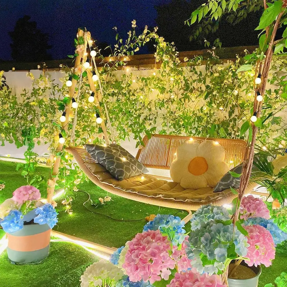 

Двухместное плетеное кресло-качели со светодиодной подсветкой и подставкой, подвесной гамак для улицы/дома, с подушками и подушечками для шеи