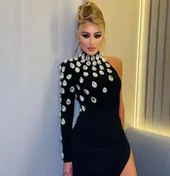 Vestido de vendaje Bodycon largo negro de diamantes de imitación de una sola manga Sexy para mujer, vestido elegante de fiesta de Club nocturno