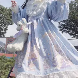 Japanese Sweet Kawaii Blue Lolita Long Sleeve Dress Fairy Dress Lolita Kawaii Sweet Lolita White Lolita Dress Harujuku Dress