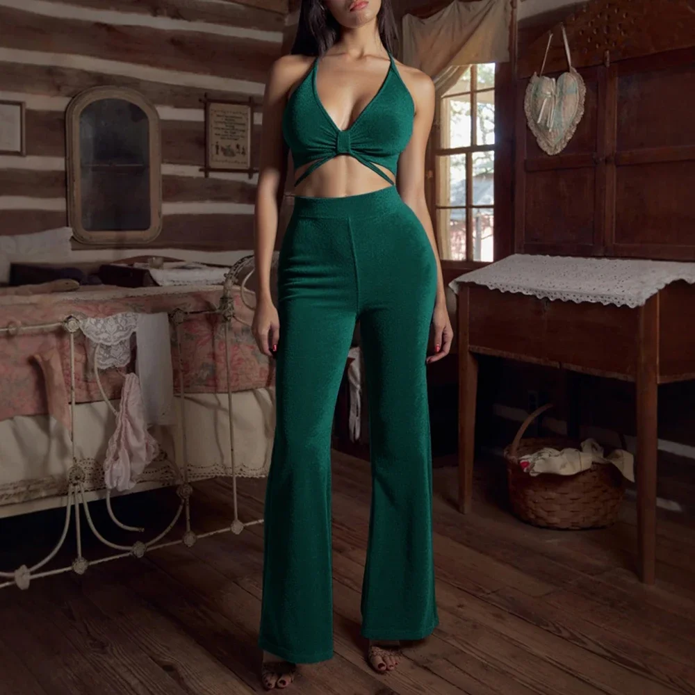 

Sets Summer Elegant Skinny Fit Solid Color Sleeveless Halter Neck Natural Waist Full Length Casual Sets For Women
