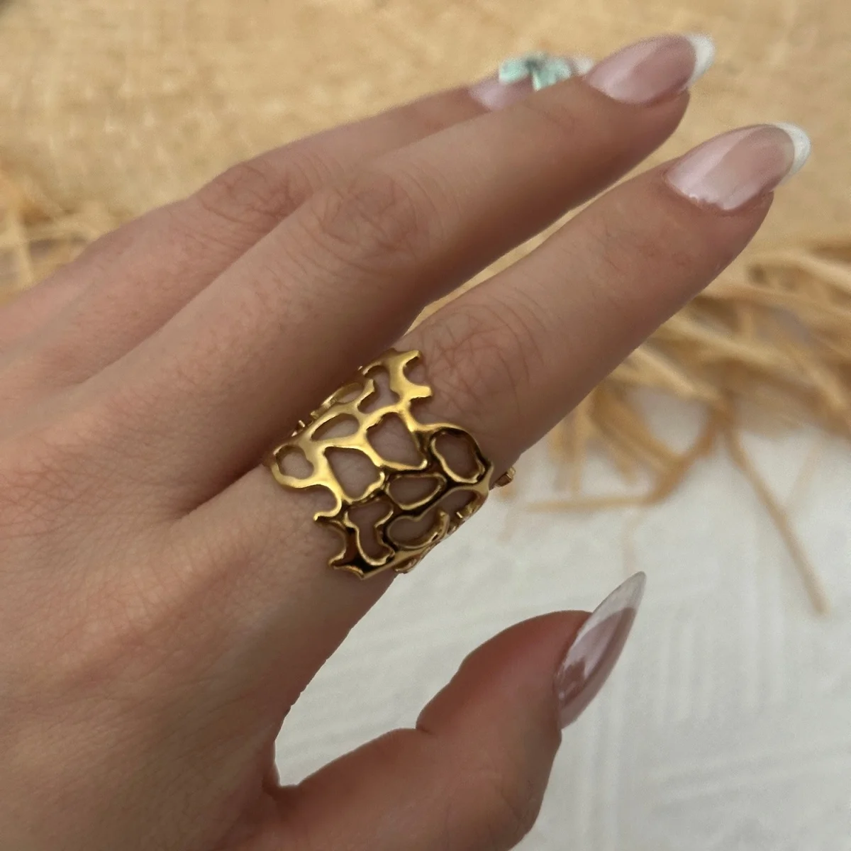 Edelstahlringe mit unregelmäßigen Wellen, Korallen, Seesternen und Blumen für Damen und Herren, Retro-Punk, florale Blätter, geometrische Linien, Boho-Schmuck – Detail 17