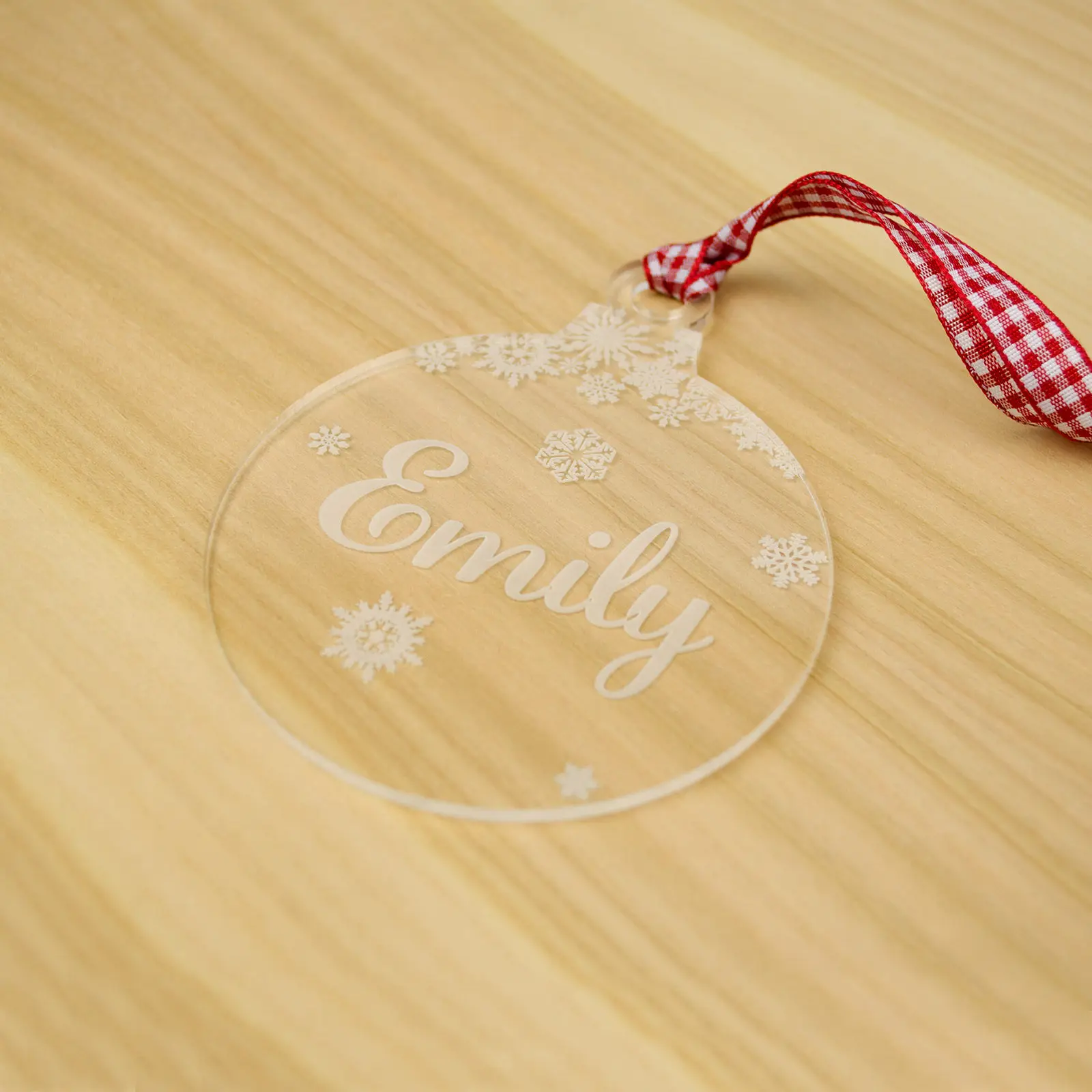 Personalised Christmas Tree Decoration, Clear Acrylic. Engraved Name Xmas Bauble with Snowflakes. Bespoke Laser Cut Hanging