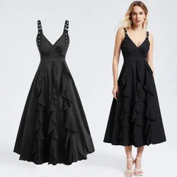 Women Summer Casual Dress Black Ruffles Surplice Straps Buckle Grommet A Line Party Dress Vestidos Costume