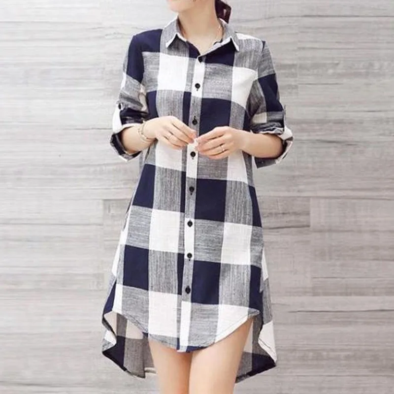 Spring Autumn Casual Fashion Turn-down Collar Plaid Shirt Women\'s Clothing New Loose Long Sleeve Button Irregular Blouse Female