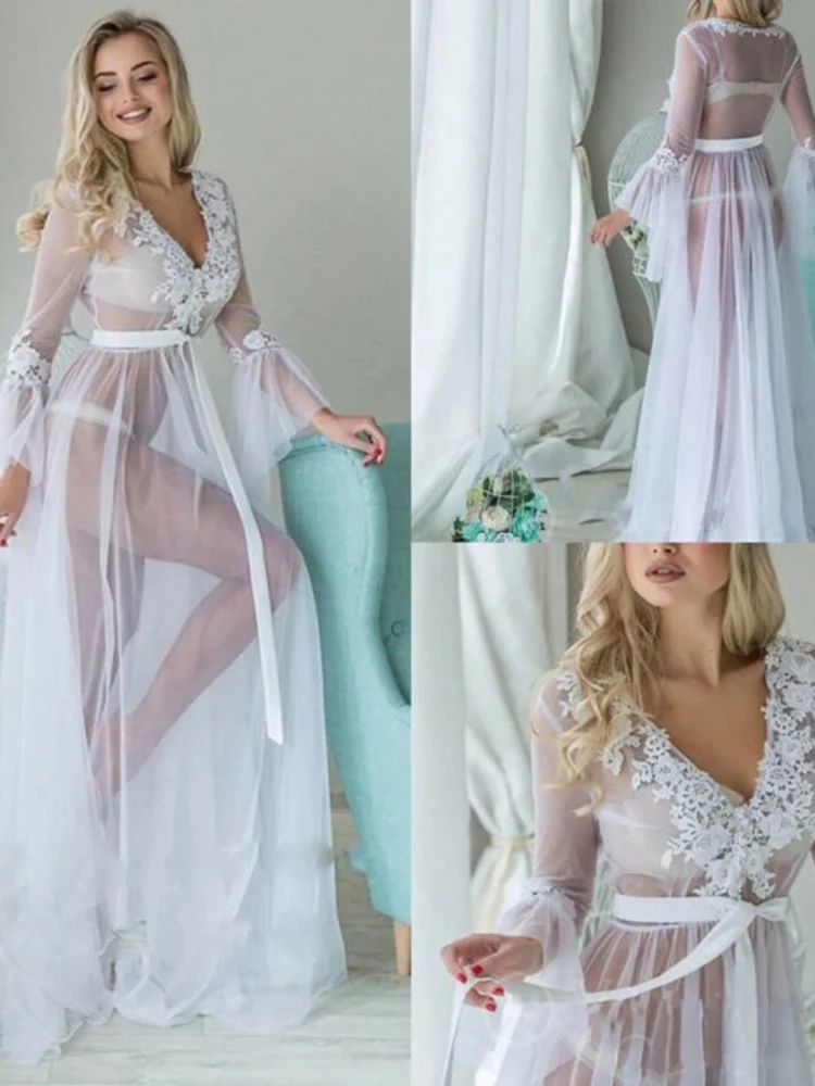 Women Sexy Long Petal Sleeve V Neck Lace See Through High Waist Lace Up Maxi Dress White Beach Bathing Wrap Bikini Cover Ups