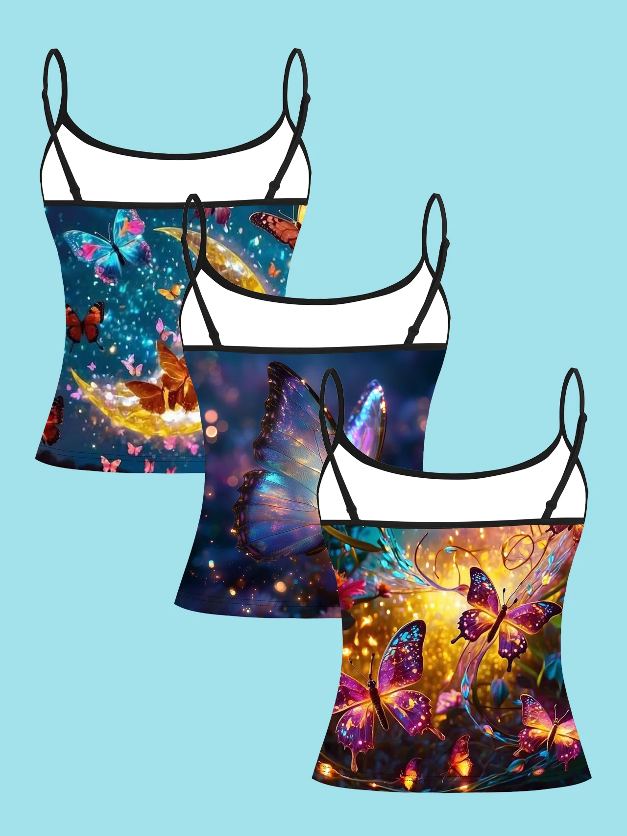 3-Piece Set of Dreamy Butterfly Crescent Moon Star Print Thin Camisole Tops, Blue-Purple Gold Speckled Butterfly Slim-Fit Sleeveless Tops, Romantic and Beautiful Inner Wear and Outerwear Base Shirts
