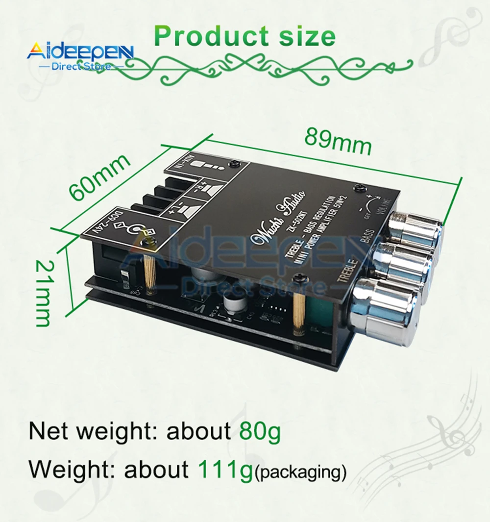 ZK-502MT 2*50W Bluetooth 5.0 Subwoofer Amplifier Board 2.0 Channel High Power Audio Stereo Amplifier Board AUX Bass Treble AMP