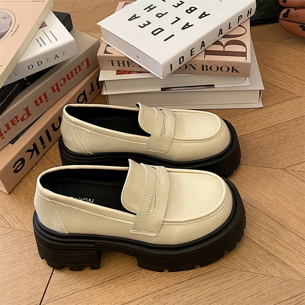 Patent Leather Chunky Platform Loafers Women Japanese Style Student Uniform Shoes Woman Thick Sole Non-Slip Black Casual Shoes