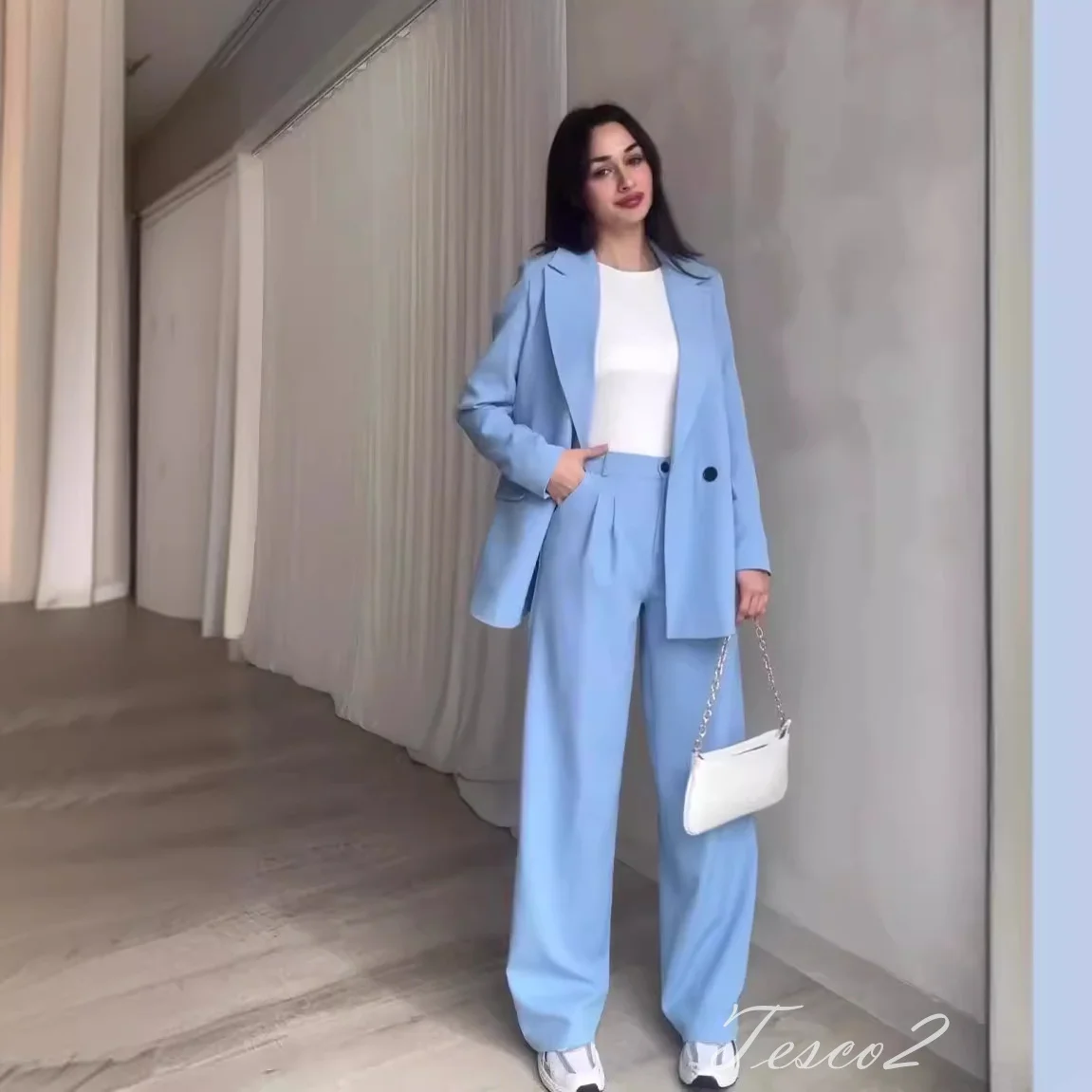 

Tesco Sky Blue Casual Suit Blazer For Women Lapel collar Jacket Wide Leg Pants For Spring Summer Thin Office Pant Sets 2024