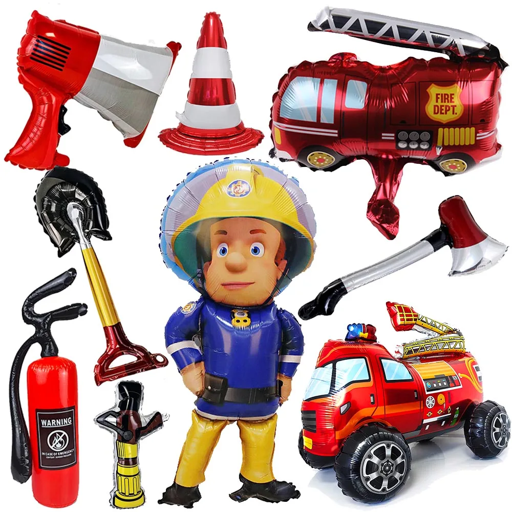 Brandschutz Thema Ballon Feuerwehrauto Feuerlöscher Verkehrskegel Axt Schaufel Horn Jungen